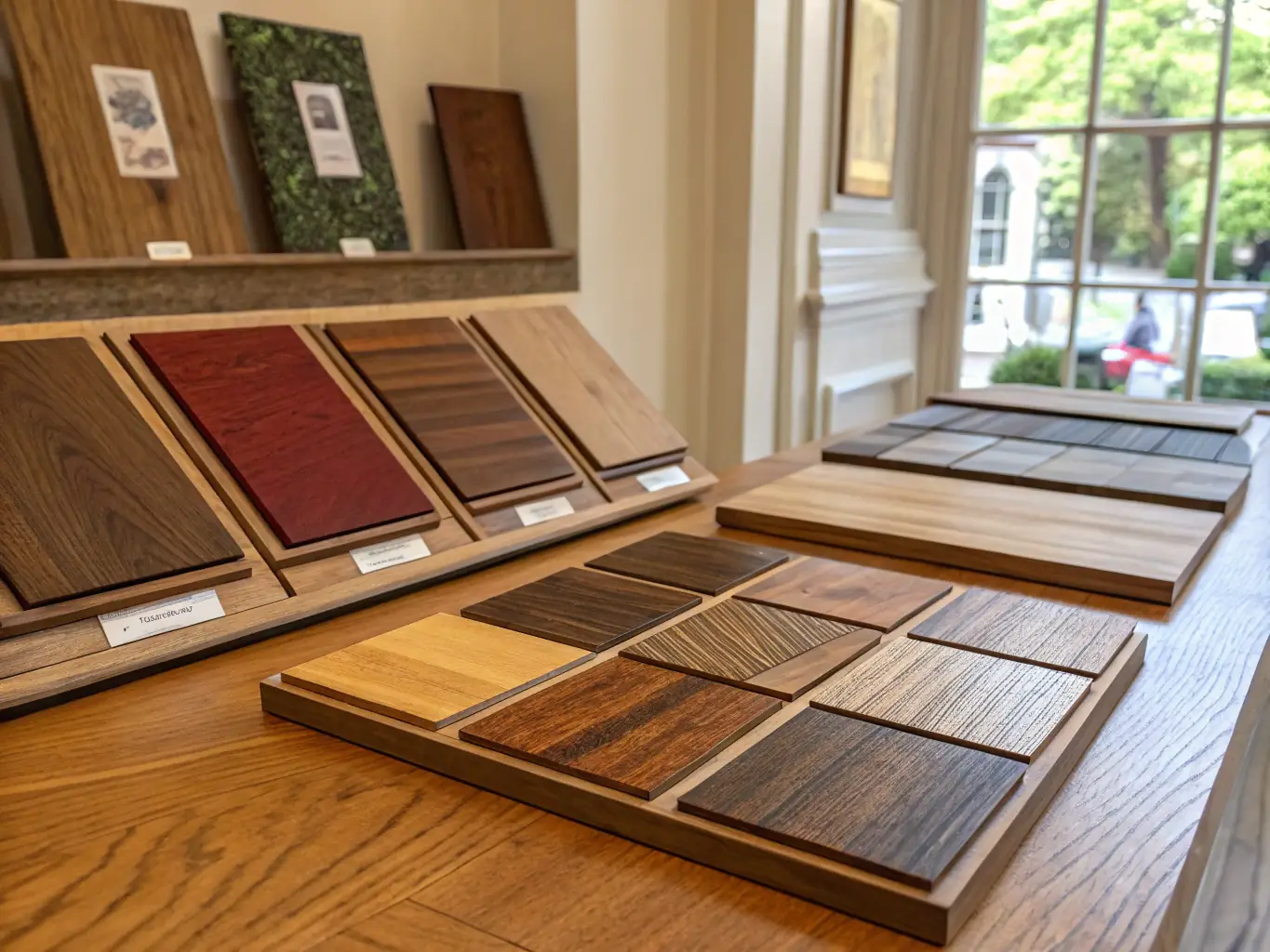 A close-up shot of various hardwood samples, showcasing different grains and finishes available for stair treads and risers, set in a well-lit studio.